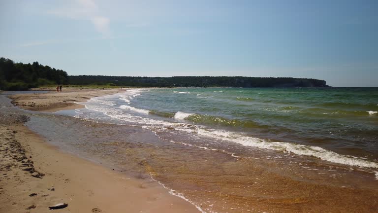 Sunny beach day on Gotland, waves gently lapping the shore, people in the distance, clear blue sky