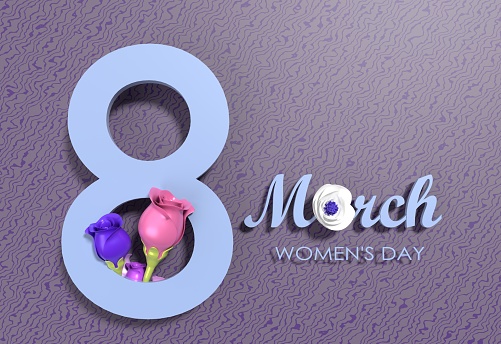 8 March Women's Day text on purple background with colorful roses.