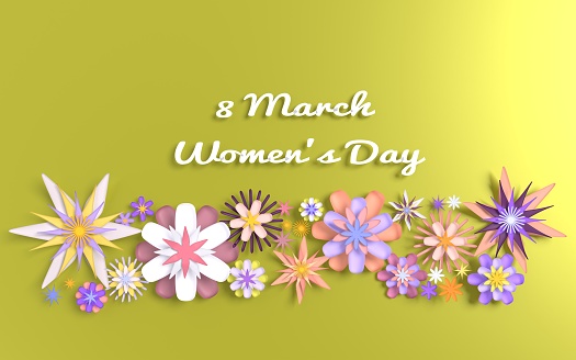 8 March Women's Day text on yellow background with colored Flowers which show beauty of women.