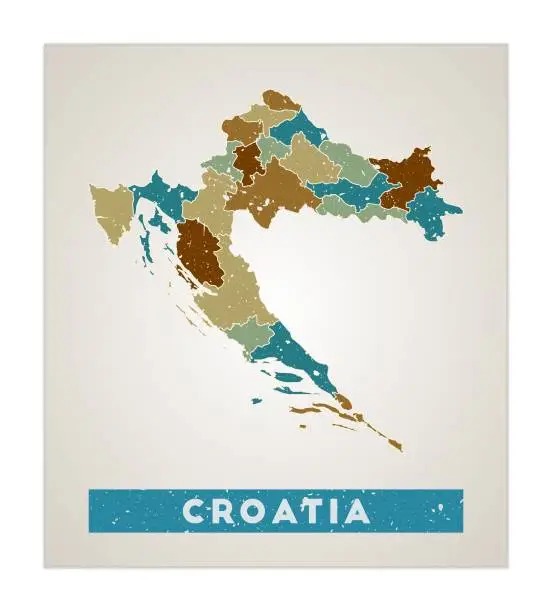 Vector illustration of Croatia map. Country poster with regions. Old grunge texture. Shape of Croatia with country name. Captivating vector illustration.