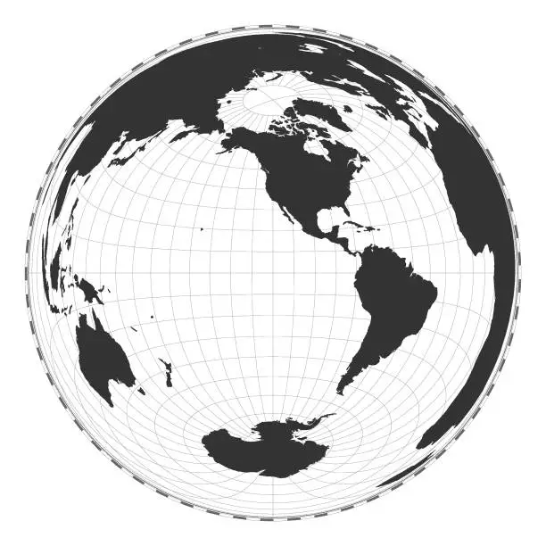 Vector illustration of Vector world map. Lambert azimuthal equal-area projection. Plain world geographical map with latitude and longitude lines. Centered to 120deg E longitude. Vector illustration.