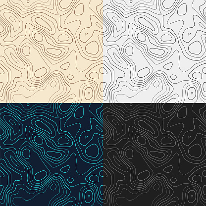 Topography patterns. Seamless elevation map tiles. Appealing isoline background. Amazing tileable patterns. Vector illustration.