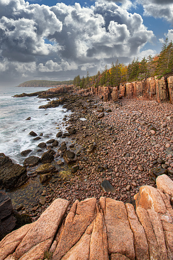 Ocean Path in Acadia National Park, With a View of the Coast and Rocky Shore.