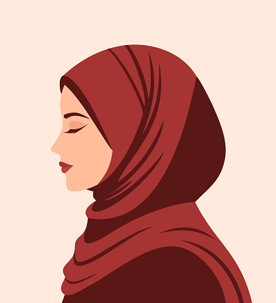 Portrait of young beautiful muslim woman in hijab, side view. Flat vector illustration