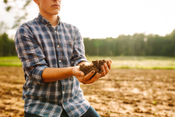 istock Farmer holding soil in hands close-up. 2046218436