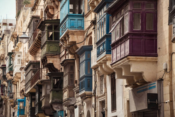Cascading Bay Windows Hanging Above Streets In Valetta, Malta