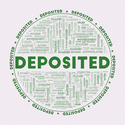 Deposited - round badge. Text deposited with keywords word clouds and circular text. Lush Paradise color theme and grunge texture. Trendy vector illustration.
