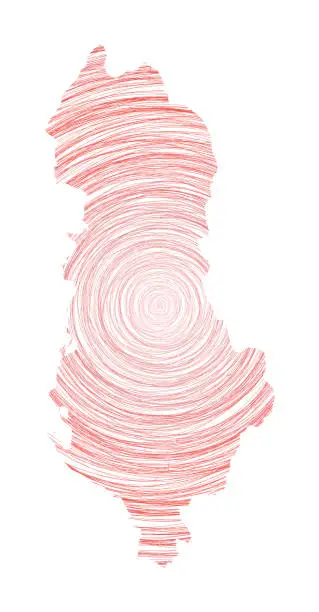 Vector illustration of Albania map filled with concentric circles. Sketch style circles in shape of the country. Vector Illustration.