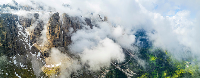 Breathtaking panorama of beautiful Alps mountains Dolomites, Val Gardena. Aerial drone shoot. northern Italy. Alpine nature scenery