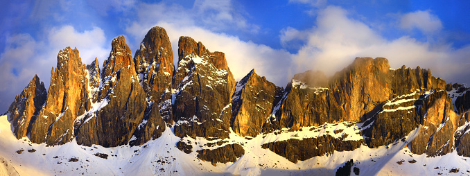 Beauty in nature - most beautiful mountain range in europe - Dolomites Alps. aerial view of stunning rocks over sunset. Vall di Funes, south Tyrol, Italy