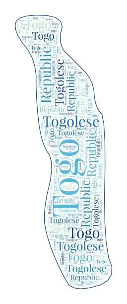 Vector illustration of Togo shape filled with country name in many languages. Togo map in wordcloud style. Vibrant vector illustration.