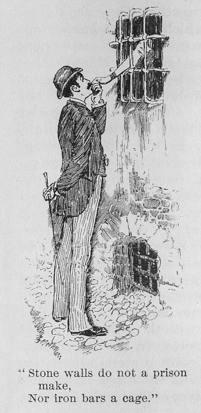 Illustration from Harper's Magazine Volume LXIV December 1881 to May 1882:  A woman extends her arm out of the bars of a jail house window to accept a kiss to the fingertips by a suitor on the sidewalk.