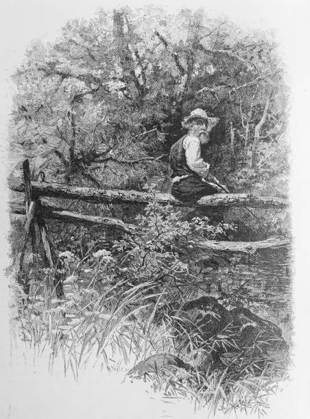 Caught in the Act Illustration from Harper's Magazine Volume LXIV December 1881 to May 1882:    An old man sits on a rail fence and looks over his shoulder with a guilty expression as he fishes in a quiet but restricted stream. rail fence stock illustrations