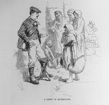 Illustration from Harper's Magazine Volume LXIV December 1881 to May 1882:     A well dressed man gives a handout to a group of poor mendicants on the streets of Toledo, Spain.