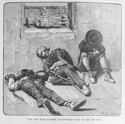 Illustration from Harper's Magazine Volume LXIV December 1881 to May 1882: Three men take a siesta on the sidewalk in Toledo, Spain with a caption 