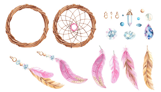 Watercolor hand drawn dream catcher set with pink and beige feathers, crystals, glass beads and golden rings. Design elements isolated on white background