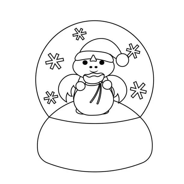 Vector illustration of Snow globe with cute Dragon Santa in black and white