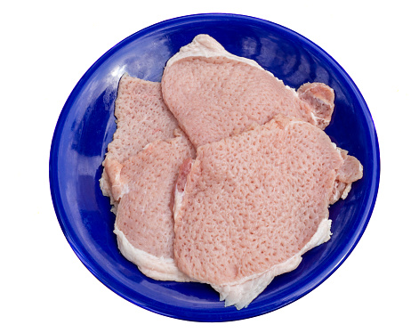 Background of closeup tenderized pork. The tenderloins are hammered or heavy pounded to make it flatter or thinner. Easier to cook. Good concept for meat preps or designing ideas for food sale.