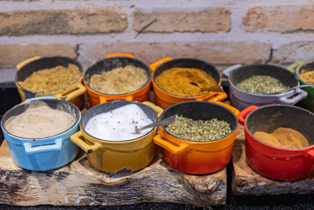 Various spice powder ingredients in hotel restaurant.