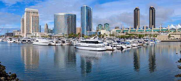 A panoramic view of San Diego Marina on a calm sunny Winter day. Downtown San Diego, California, USA.