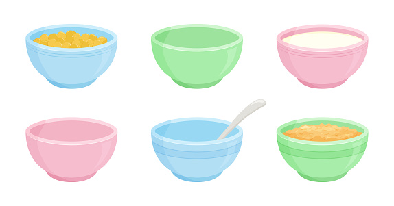 Cartoon bowl, cereal breakfast, porridge oatmeal, plate with milk , empty cup with spoon. Ceramic dish vector icon isolated on white background. Colorful cooking illustration