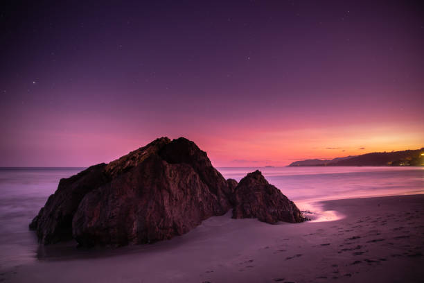 Magnificent seascape with colours of the just setting sun on the horizon and the falling night on the beach of Montezuma village in Costa Rica, Central America.