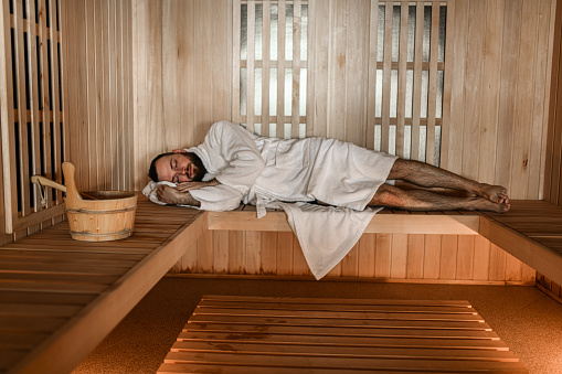 Male Feeling Dazed From Sauna Heat And Taking A Nap