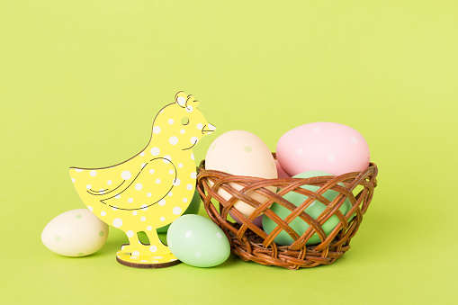 Easter eggs with chiken on color background