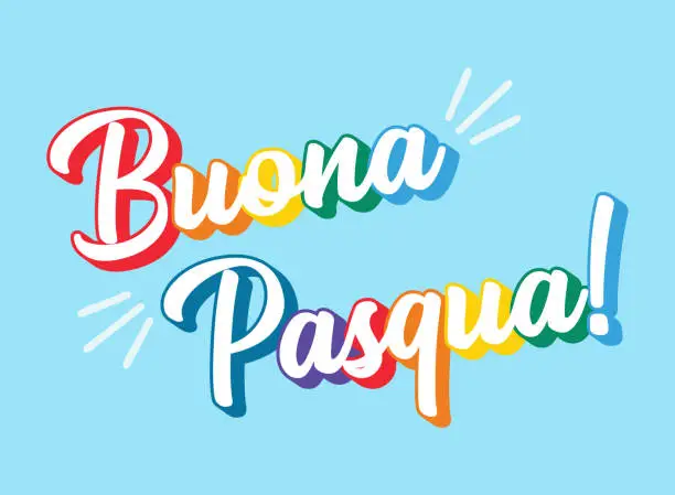 Vector illustration of Hand sketched rainbow-colored lettering quote Buona Pasqua, Happy Easter in Italian. Isolated on light blue  background.  vector