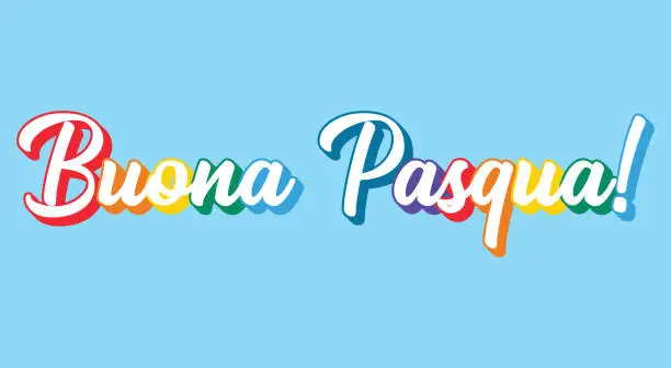 Vector illustration of Hand sketched rainbow-colored lettering quote Buona Pasqua, Happy Easter in Italian. Isolated on light blue  background.  vector