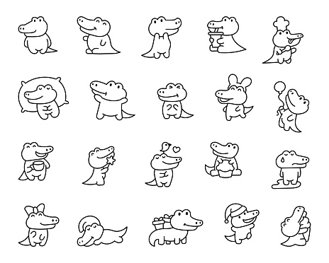 Cute kawaii crocodile. Coloring Page. Cartoon adorable animal characters. Hand drawn style. Vector drawing. Collection of design elements.
