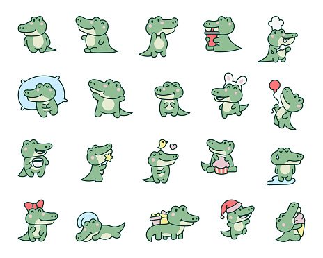 Cute kawaii crocodile. Cartoon adorable animal characters. Hand drawn style. Vector drawing. Collection of design elements.