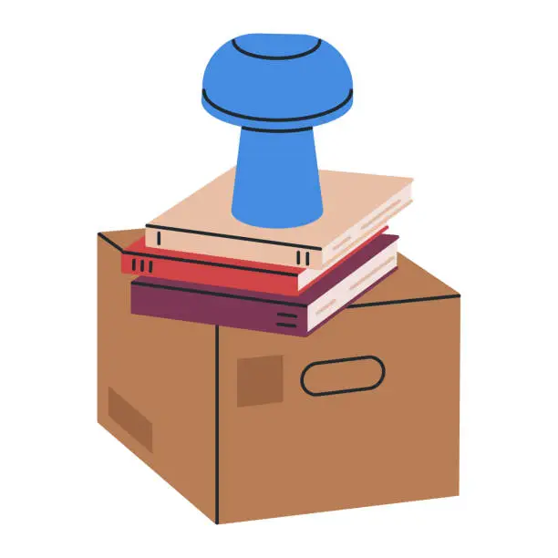 Vector illustration of House moving box. Box with personal stuff, carton box with books and table lamp flat vector illustration. Home moving cardboard box on white