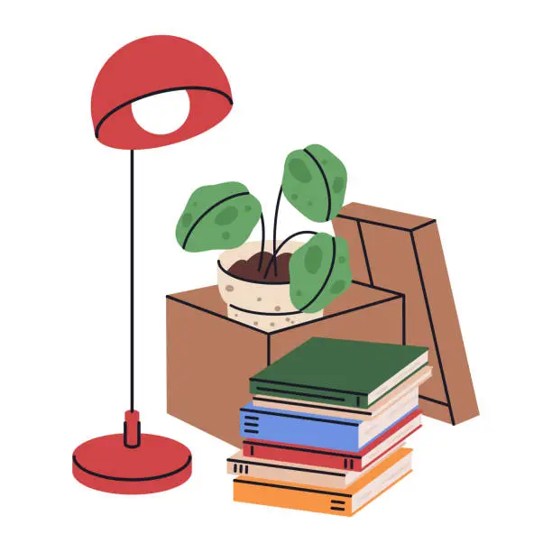 Vector illustration of New house moving box. Carton box with personal stuff, cardboard box with books, lamp and pot plant flat vector illustration. Home moving box on white