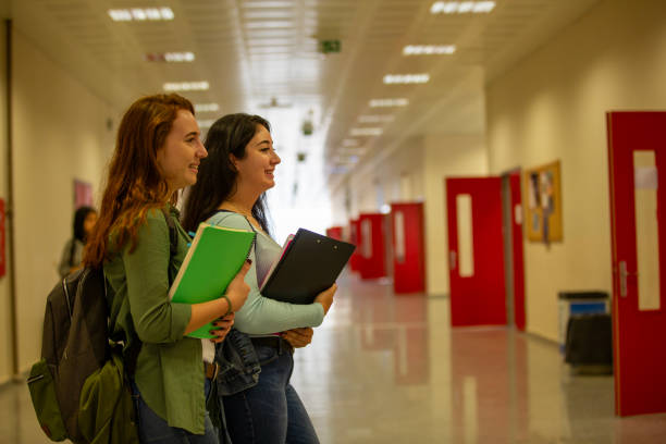 istock Happy young university students standing in corridor during break 2046383183