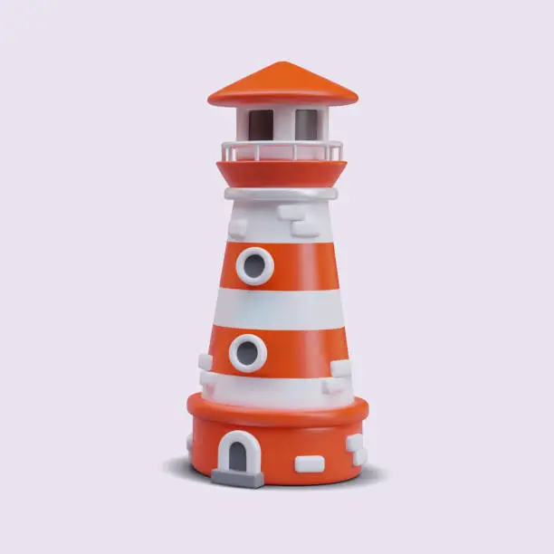 Vector illustration of Realistic cartoon lighthouse on pink background. Light as guide to the sea