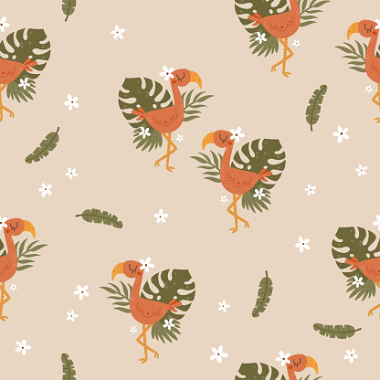 vector seamless pattern with cute flamingo surrounded with jungle leaves, textile repeat for kids