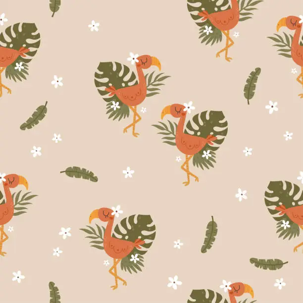 Vector illustration of vector seamless pattern with cute flamingo