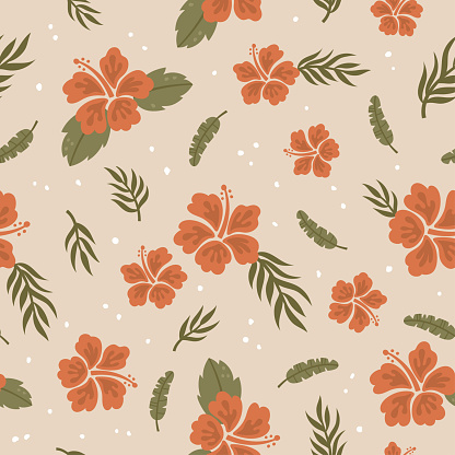 vector seamless pattern of hibiscus flower on a beige background, Hawaii style print