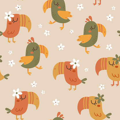 vector seamless pattern of cute parrots and flowers on a beige background, adorable textile design for kids