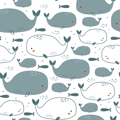 Vector seamless pattern of cute whales on white background, adorable hand drawn textile repeat for kids