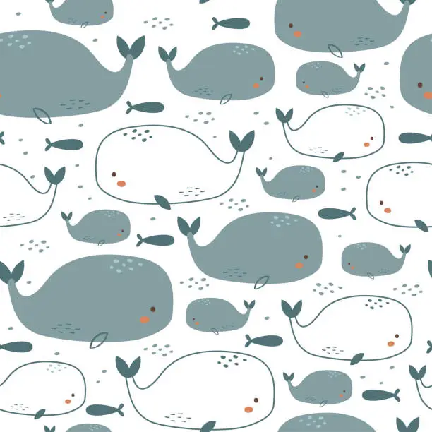 Vector illustration of Vector seamless pattern of cute whales on white