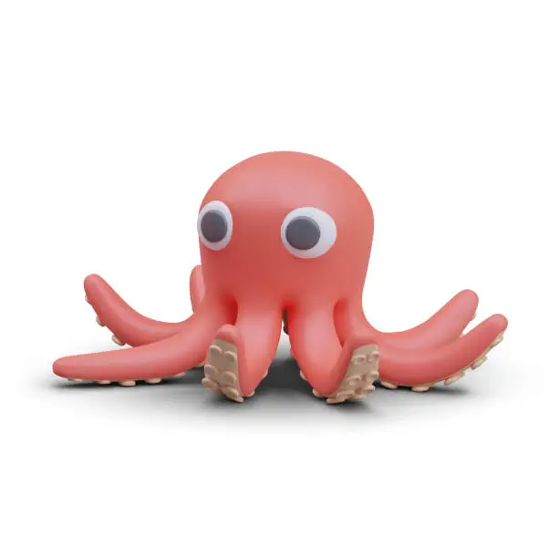 Vector illustration of Vector 3D pink octopus in cartoon style. Cute sea creature with tentacles and big eyes