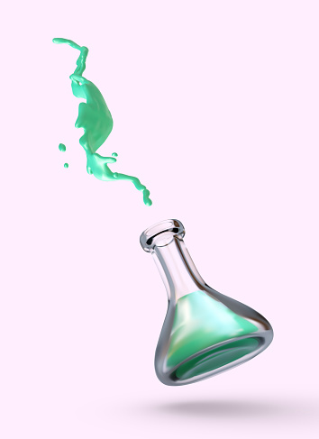 Glass realistic flask with green liquid, splashes. Concept of safety technology in laboratory conditions. Careful handling of reagents. Vertical vector poster