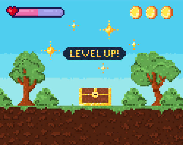 Pixel art game level up background. Pixel art game level up background. Retro 8 bit video game interface with Level Up text, computer game level up background. Win screen video game banners stock illustrations