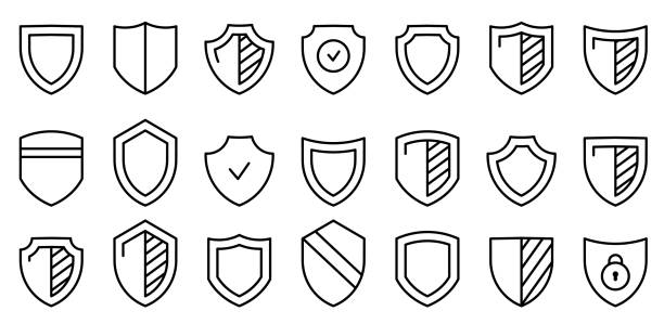 shield_line_icons Shield icon set. Collection of high quality outline web pictograms in modern flat style. Protect shield security line icons. Badge quality symbol Shield stock illustrations