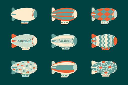 Vintage style Airships clipart collection in flat style and delicate pastel colors. Perfect vector illustration for posters, cards, stickers, print.