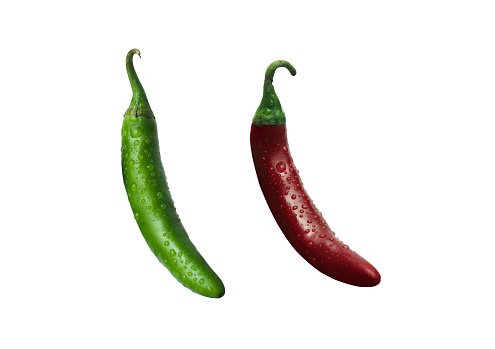 2 red and green hot chili peppers on white background