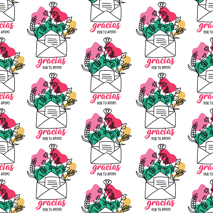 Seamless elegant pattern with Spanish lettering. Gracias por su apoyo. Translation from Spanish - Thanks for your support. Print for textile, wallpaper, covers, surface. For fashion fabric.