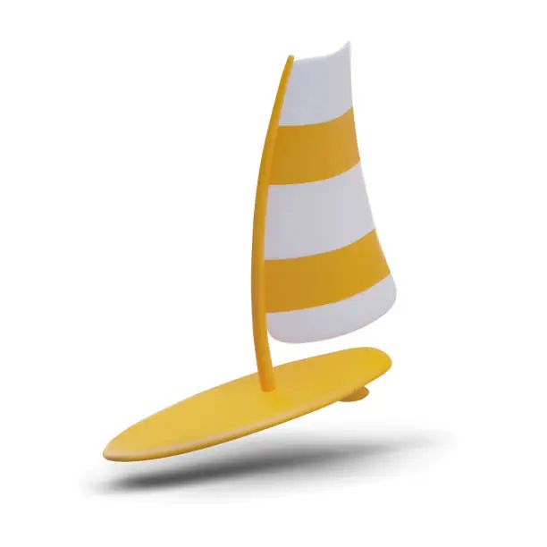 Vector illustration of Board with sail, surfing. Yellow device for surfing waves. Modern water sports